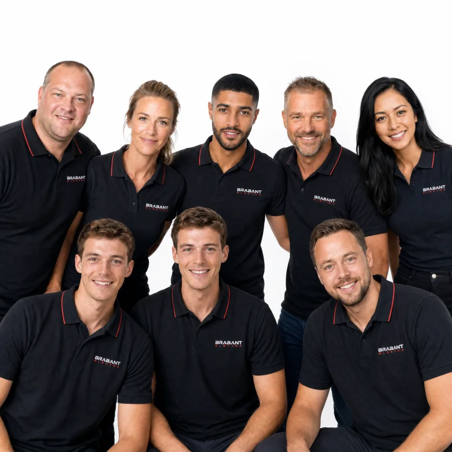 Het team van Brabant Elektra: acht monteurs in bedrijfskleding